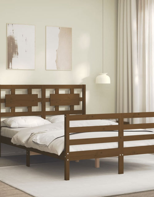 Încărcați imaginea în vizualizatorul Galerie, Cadru de pat cu tăblie, dublu mic, maro miere, lemn masiv - Lando
