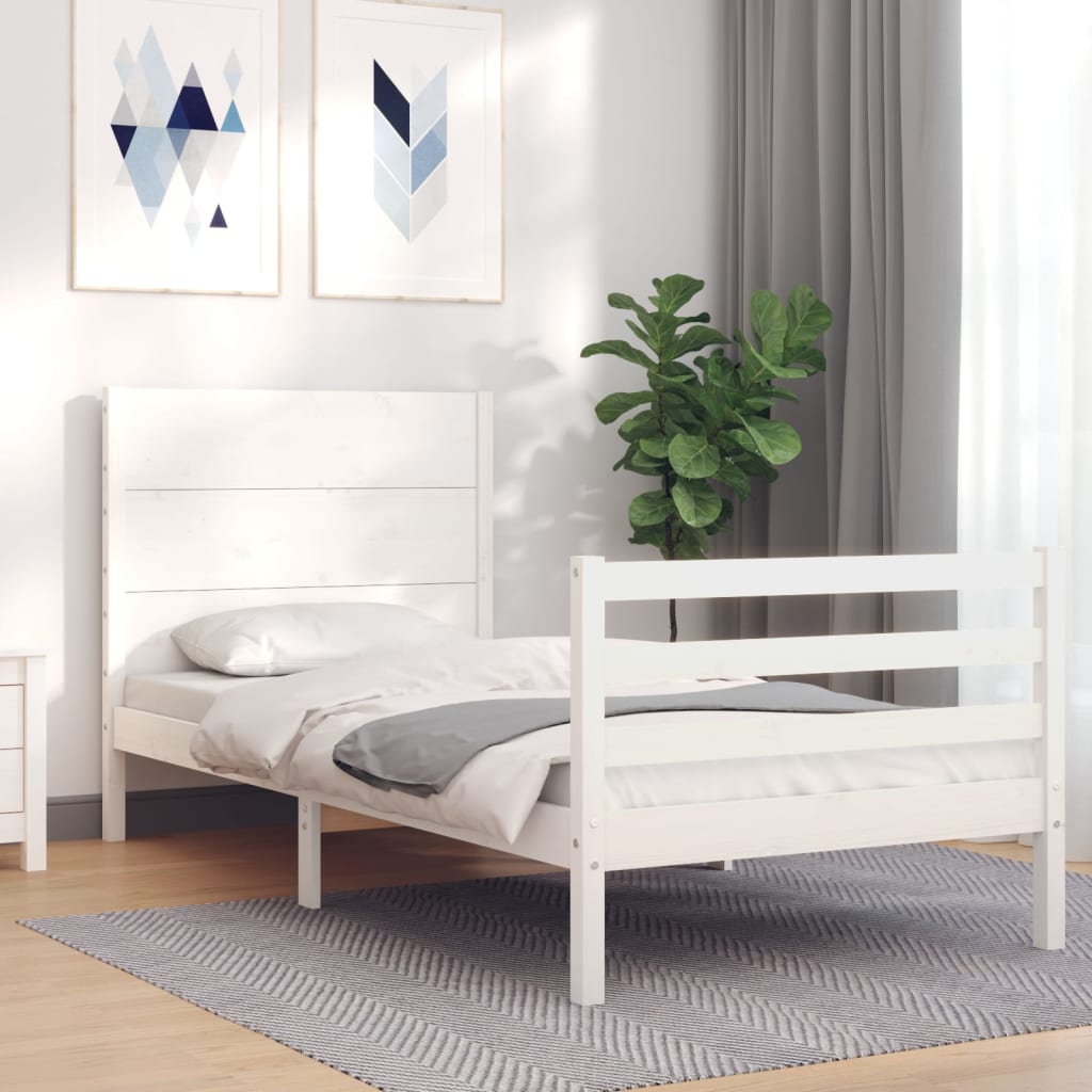 Cadru de pat cu tăblie single mic, alb, lemn masiv - Lando
