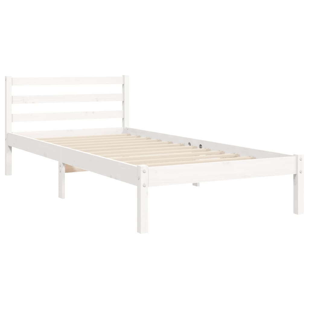Cadru de pat cu tăblie single mic, alb, lemn masiv - Lando