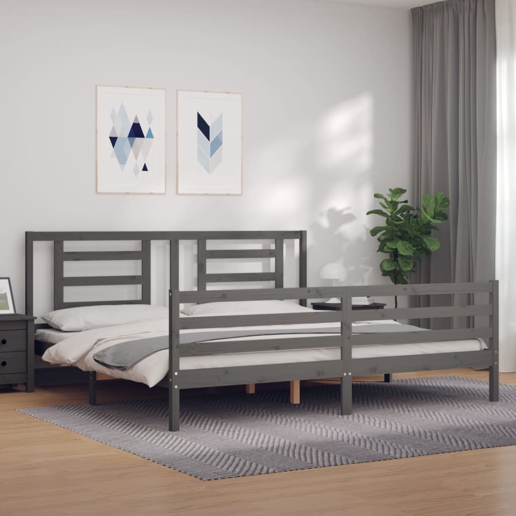 Cadru pat cu tăblie 200x200 cm, gri, lemn masiv - Lando