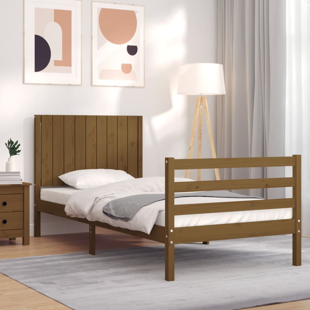 Cadru de pat cu tăblie, maro miere, 90x200 cm, lemn masiv - Lando