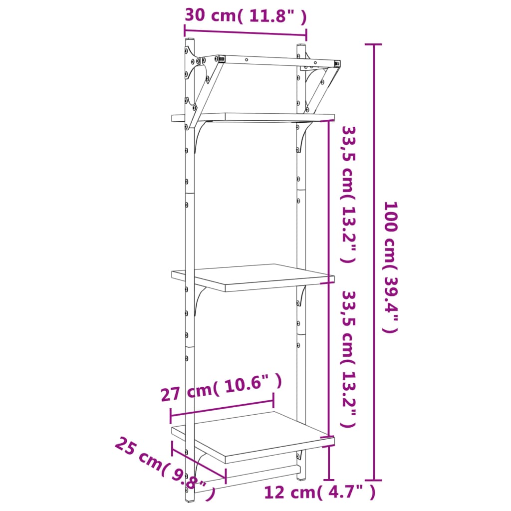 Rafturi perete 3 niveluri/bare 2 buc negru 30x25x100cm Lando - Lando