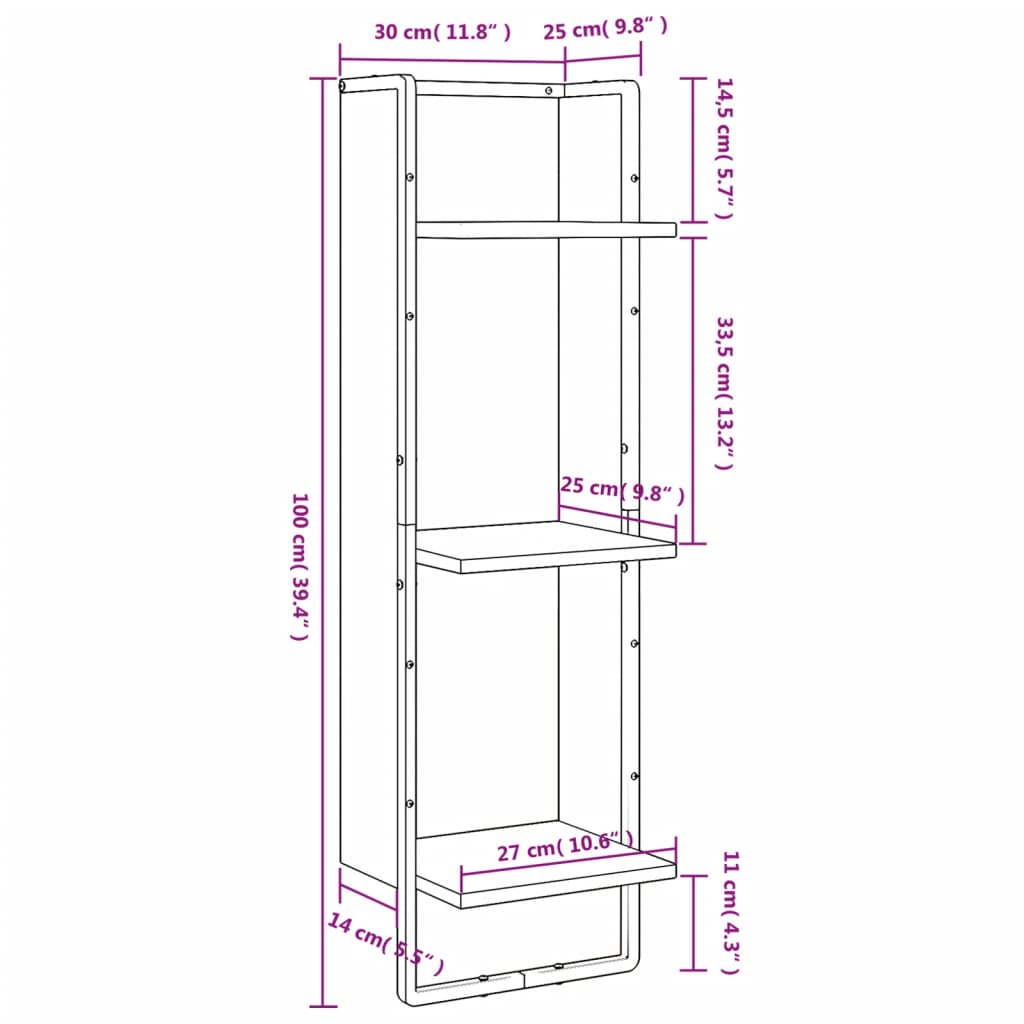 Raft cu 3 niveluri, gri sonoma, 30x25x100 cm, lemn prelucrat Lando - Lando