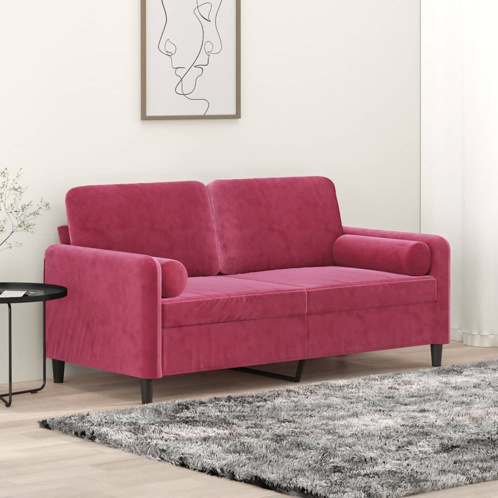 Canapea cu 2 locuri cu pernuțe, roșu vin, 140 cm, catifea - Lando