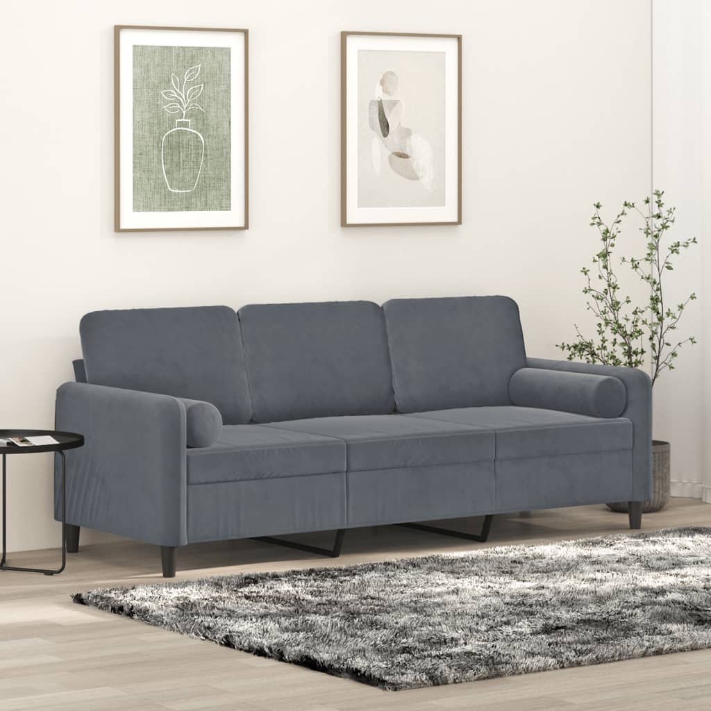 Canapea cu 3 locuri cu pernuțe, gri închis, 180 cm, catifea - Lando