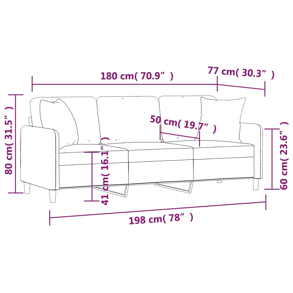 Canapea cu 3 locuri cu pernuțe, gri deschis, 180 cm, textil - Lando