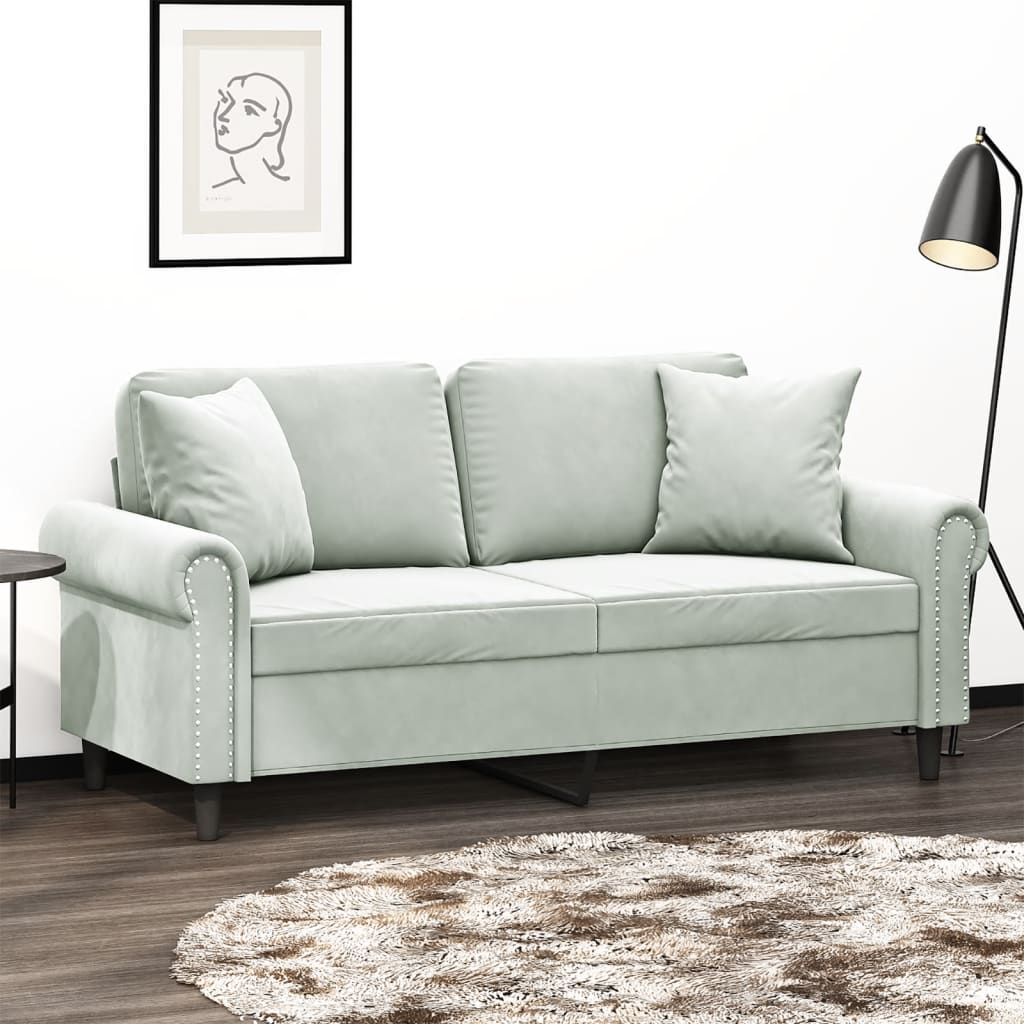 Canapea cu 2 locuri cu pernuțe, gri deschis, 140 cm, catifea - Lando
