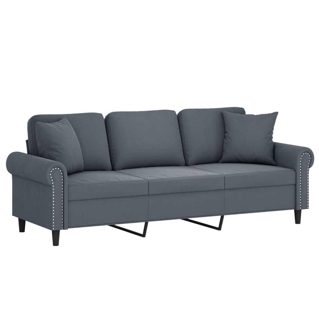 Canapea cu 3 locuri cu pernuțe, gri închis, 180 cm, catifea - Lando