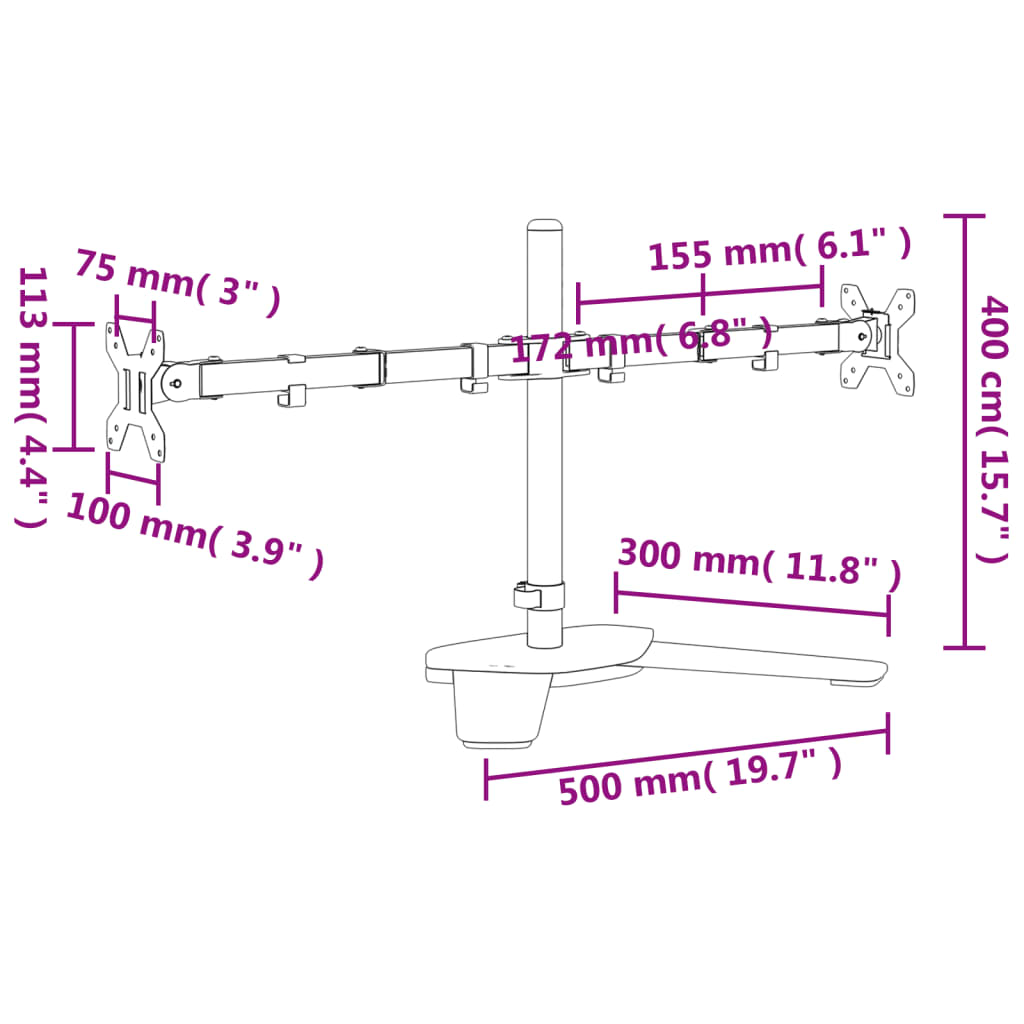 Suport de perete pentru monitor dublu VESA 75/100 mm negru oțel Lando - Lando