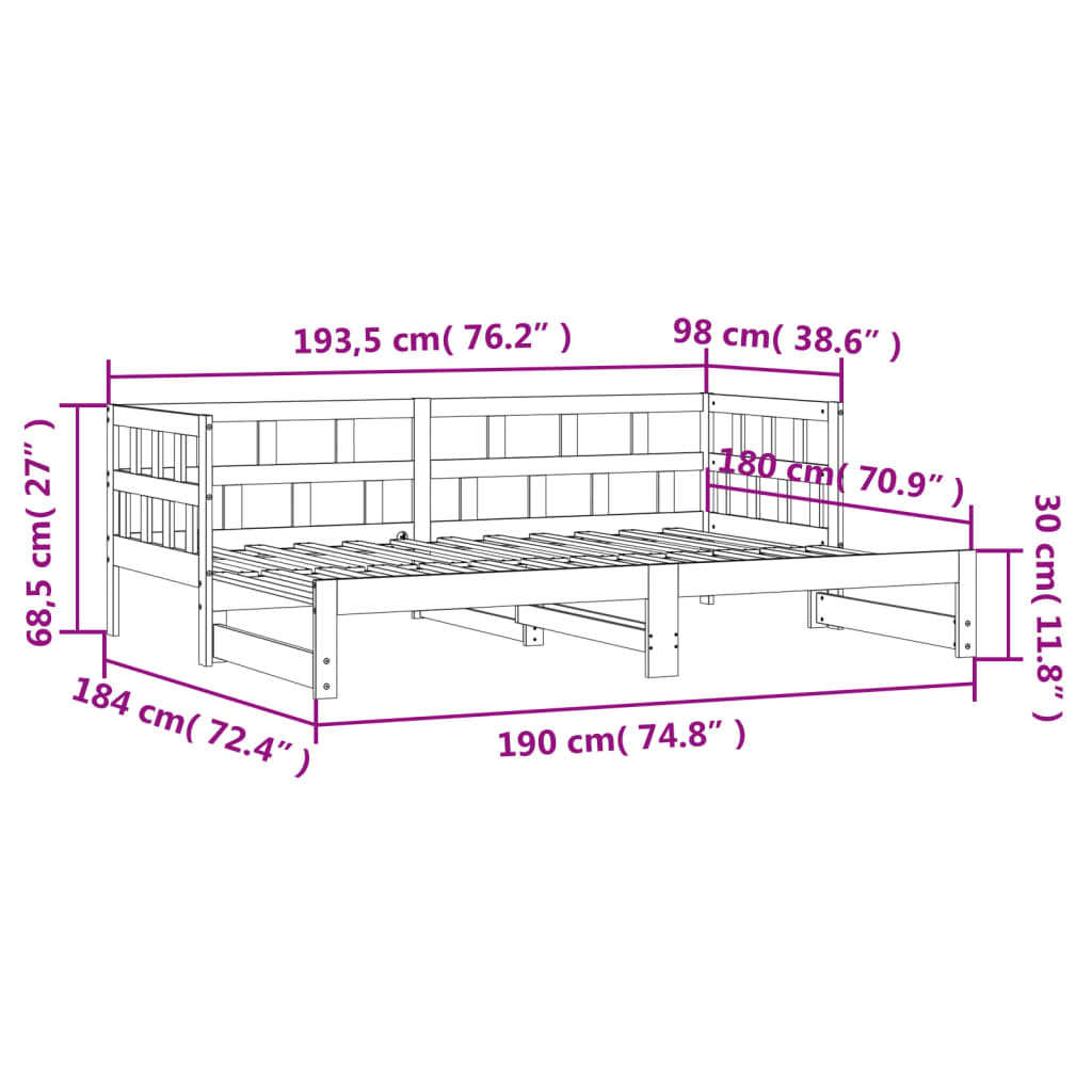 Pat de zi cu extensie, alb, 90x190 cm, lemn masiv de pin - Lando