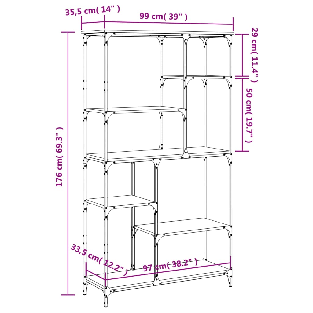 Bibliotecă, stejar fumuriu 99x35,5x176cm lemn prelucrat și oțel Lando - Lando