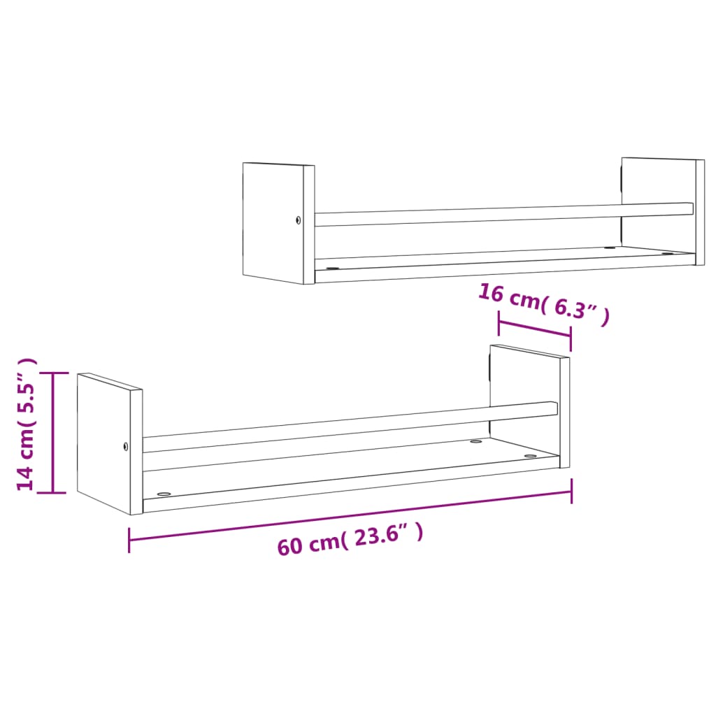 Rafturi de perete cu bare 2 buc, maro, 60x16x14 cm, stejar Lando - Lando