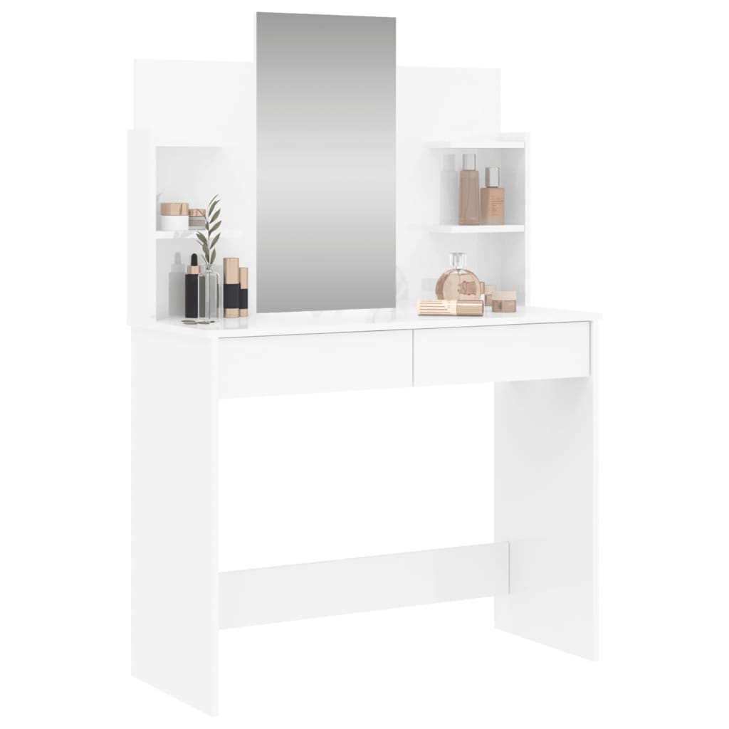 Masă de toaletă cu oglindă, alb extralucios, 96x39x142 cm - Lando