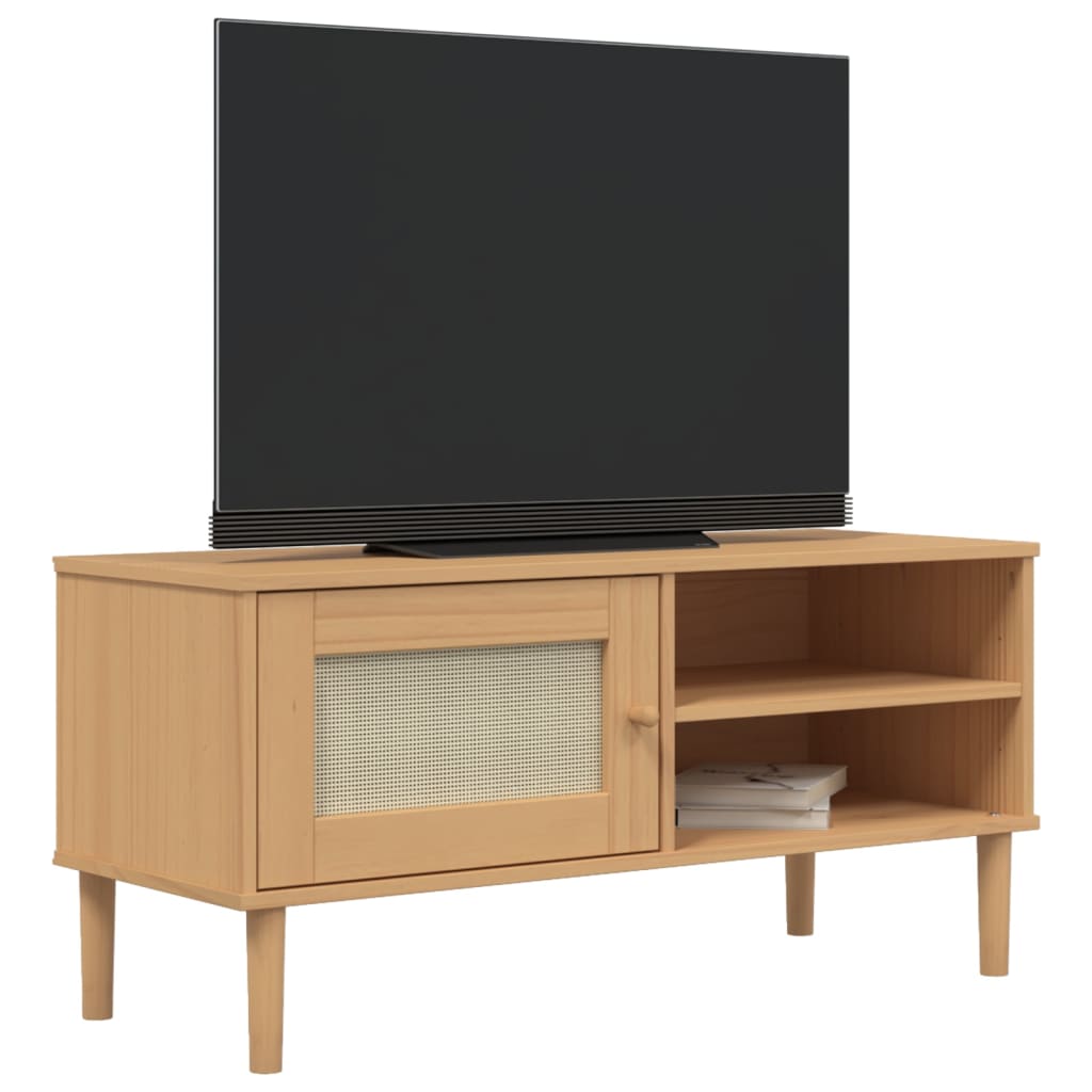 Comodă TV SENJA aspect ratan maro, 106x40x49 cm, lemn masiv pin - Lando