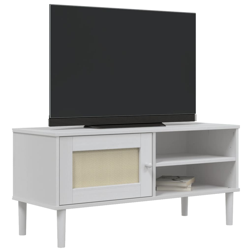 Comodă TV SENJA aspect ratan alb, 106x40x49 cm, lemn masiv pin - Lando