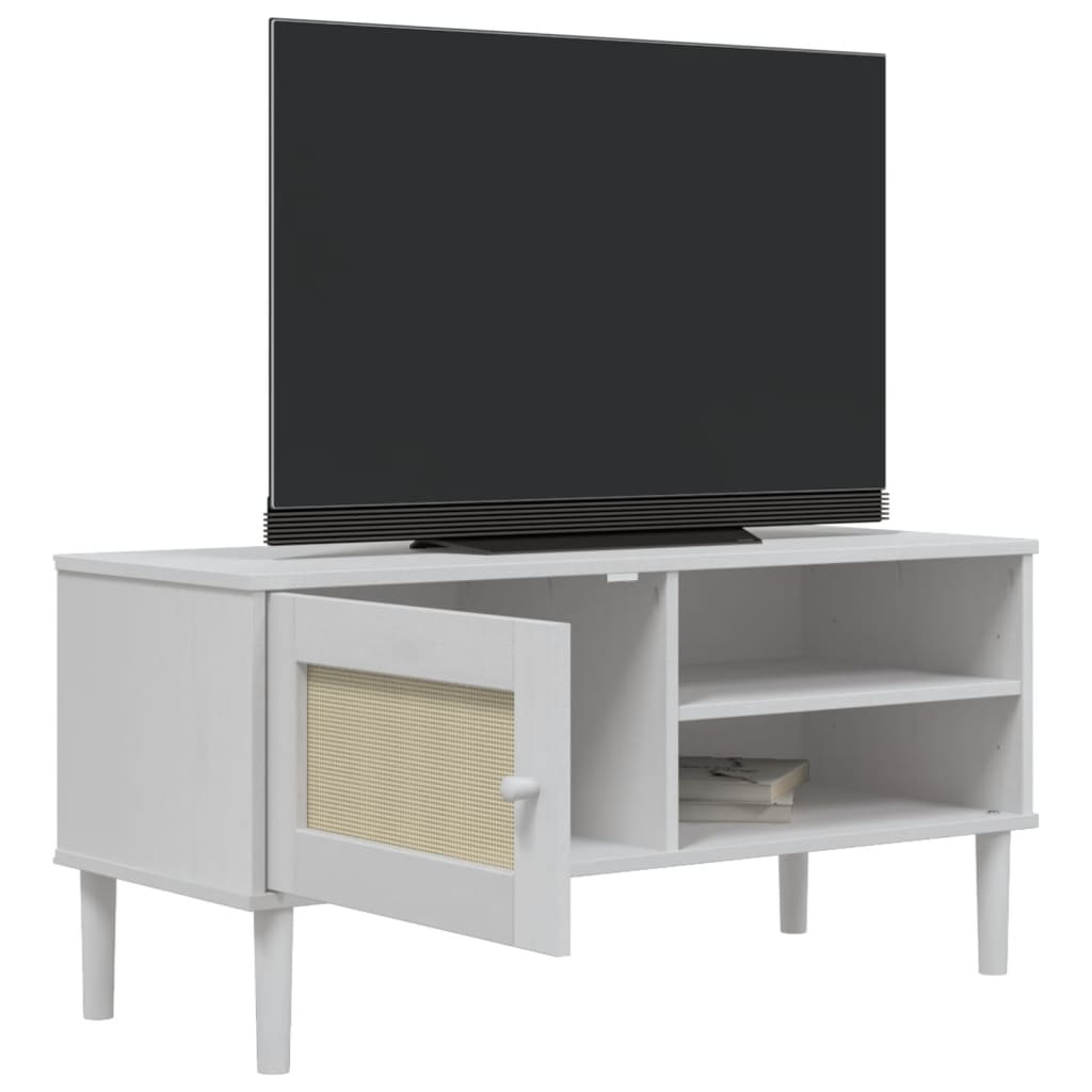 Comodă TV SENJA aspect ratan alb, 106x40x49 cm, lemn masiv pin - Lando