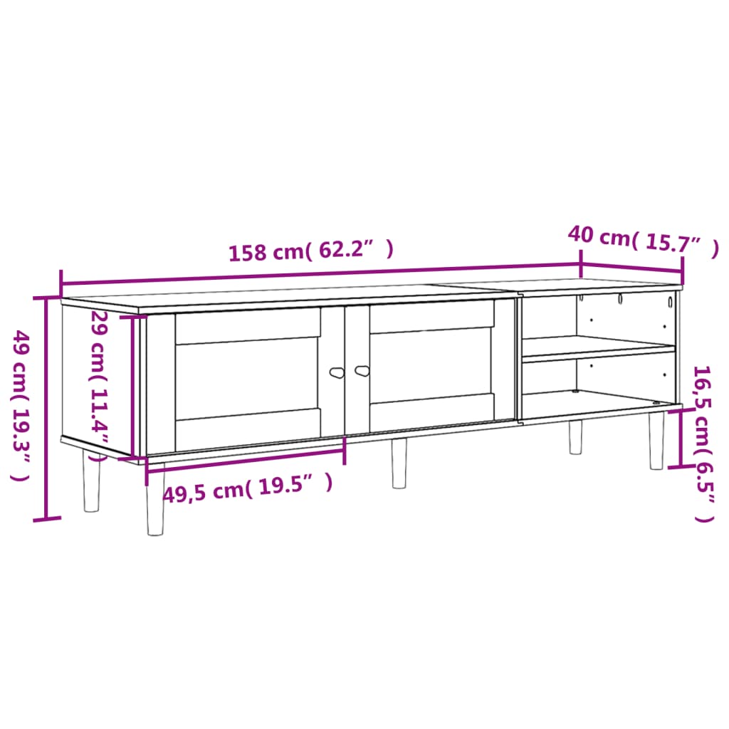 Comodă TV SENJA aspect ratan alb, 158x40x49 cm, lemn masiv pin - Lando