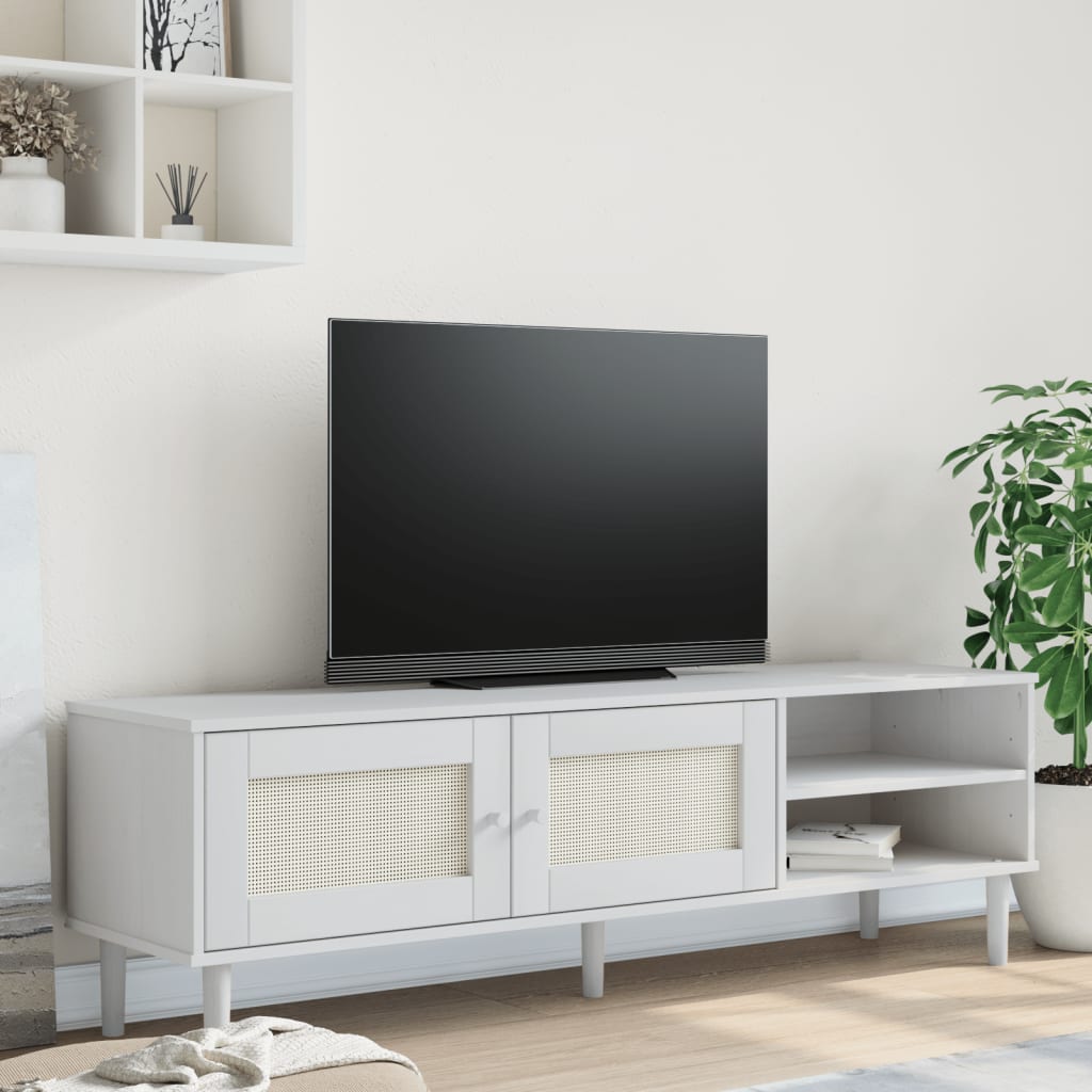 Comodă TV SENJA aspect ratan alb, 158x40x49 cm, lemn masiv pin - Lando
