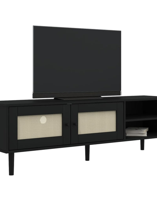 Încărcați imaginea în vizualizatorul Galerie, Comodă TV SENJA aspect ratan negru, 158x40x49cm, lemn masiv pin - Lando
