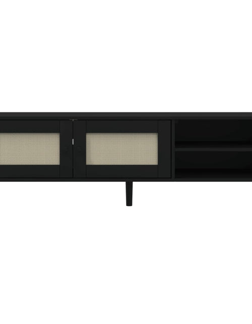 Încărcați imaginea în vizualizatorul Galerie, Comodă TV SENJA aspect ratan negru, 158x40x49cm, lemn masiv pin - Lando
