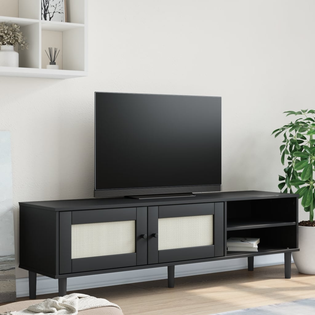Comodă TV SENJA aspect ratan negru, 158x40x49cm, lemn masiv pin - Lando