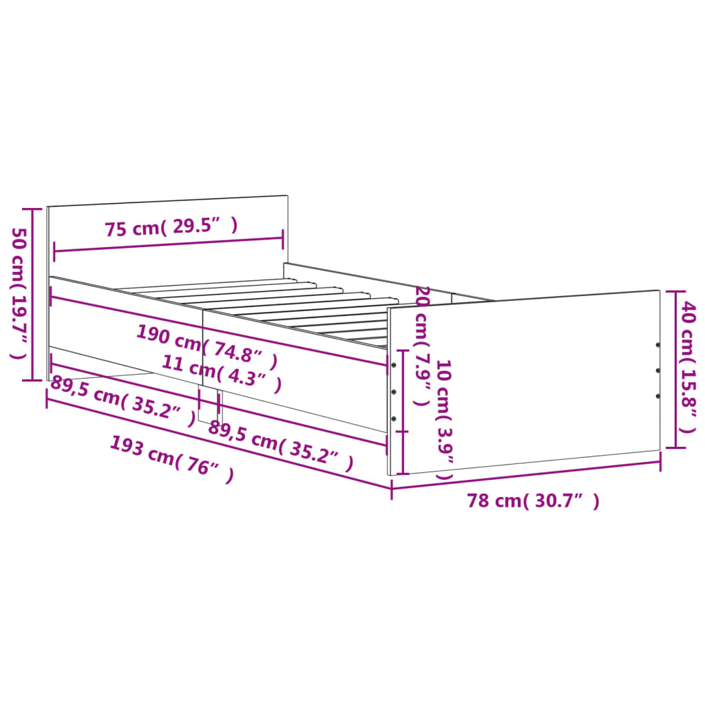 Cadru de pat mic single stejar fumuriu 75x190 cm lemn prelucrat - Lando