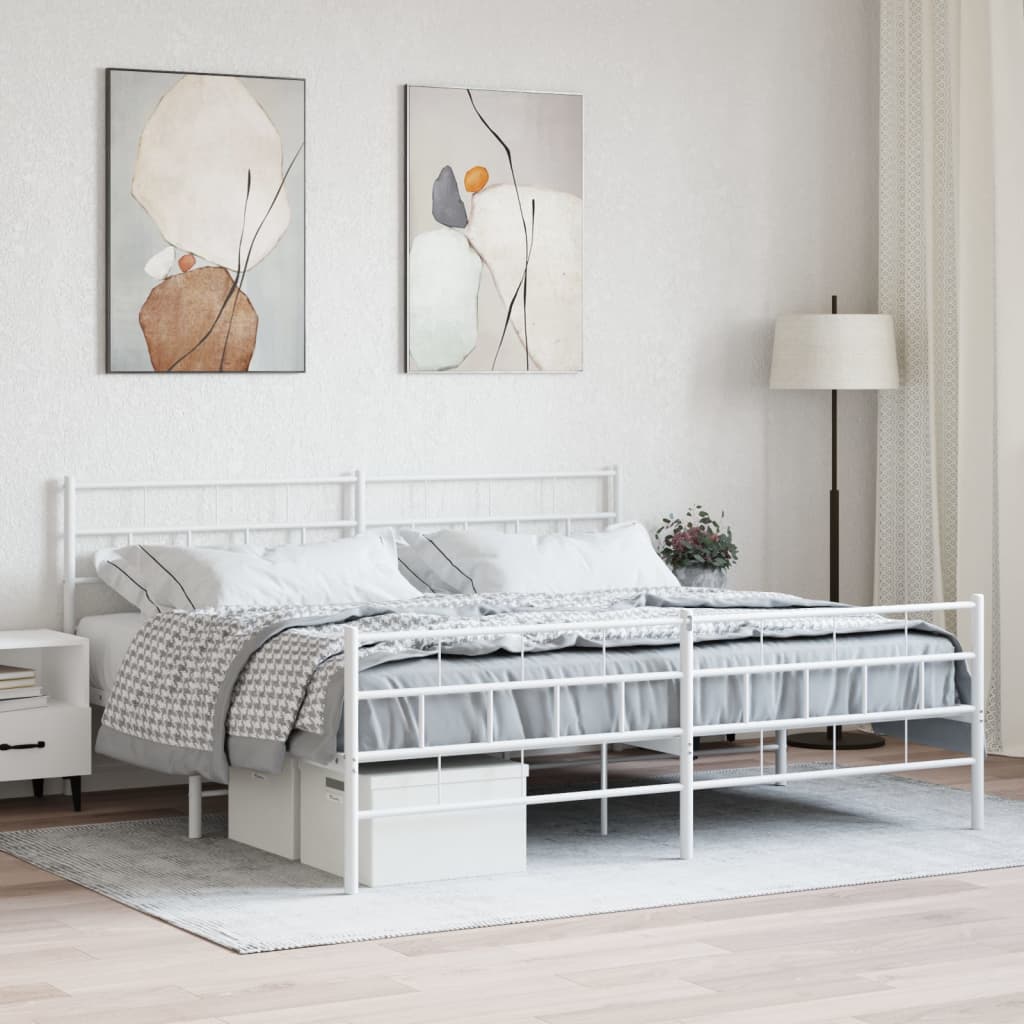 Cadru de pat metalic cu tăblie de cap/picioare, alb, 183x213 cm - Lando