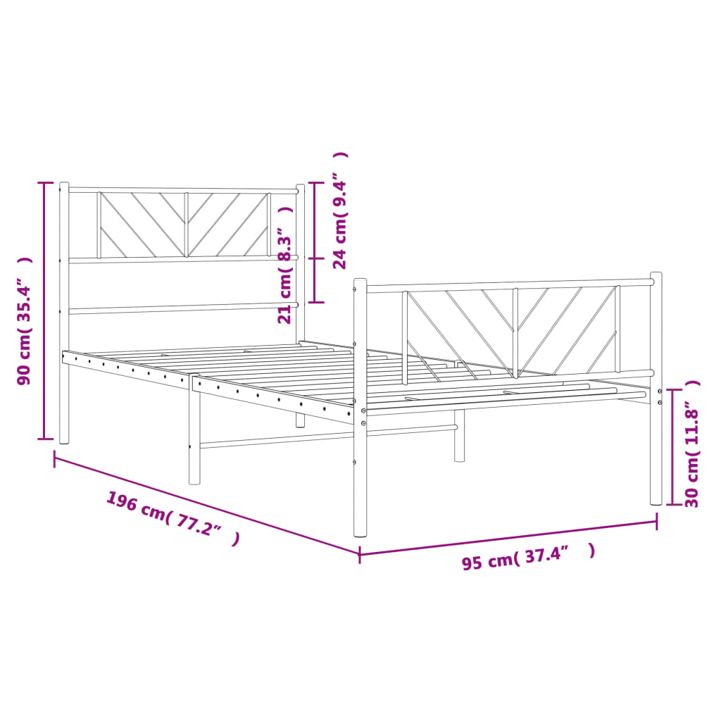 Cadru pat metalic cu tăblii de cap/picioare, negru, 90x190 cm - Lando