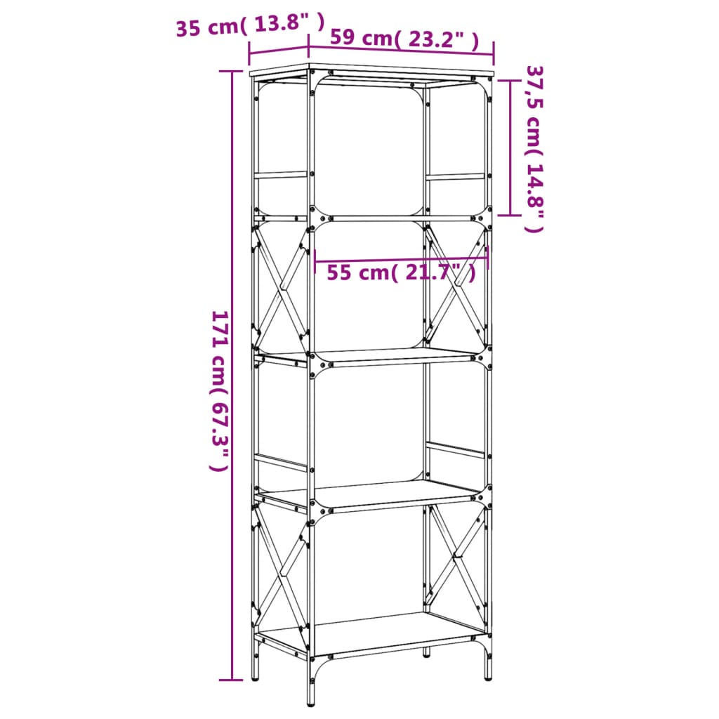 Bibliotecă cu 5 niveluri, negru, 59x35x171 cm, lemn prelucrat - Lando