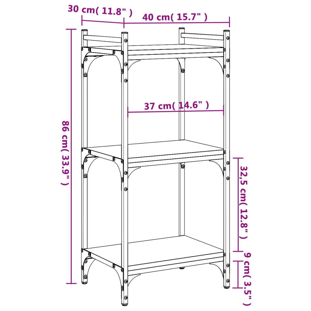 Bibliotecă 3 niveluri stejar sonoma 40x30x86 cm, lemn prelucrat - Lando