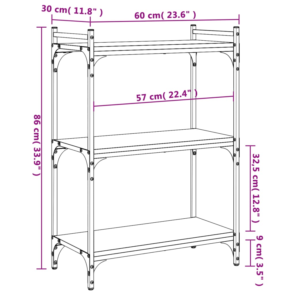 Bibliotecă cu 3 niveluri, negru, 60x30x86 cm, lemn prelucrat - Lando