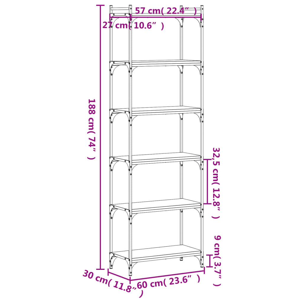 Bibliotecă cu 6 niveluri, negru, 60x30x188 cm, lemn prelucrat - Lando