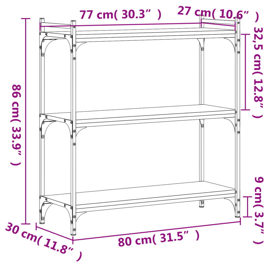 Bibliotecă 3 niveluri stejar sonoma 80x30x86 cm, lemn prelucrat - Lando