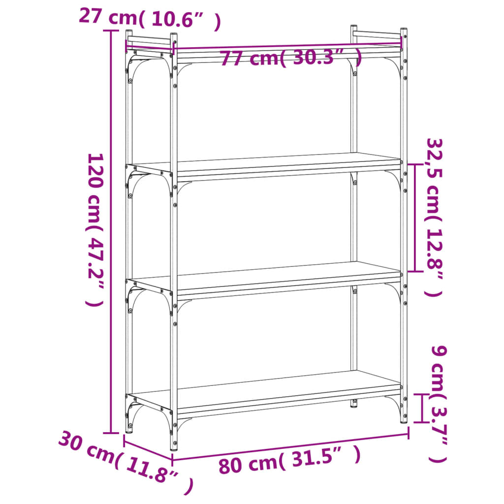 Bibliotecă cu 4 niveluri, negru, 80x30x120 cm, lemn prelucrat - Lando