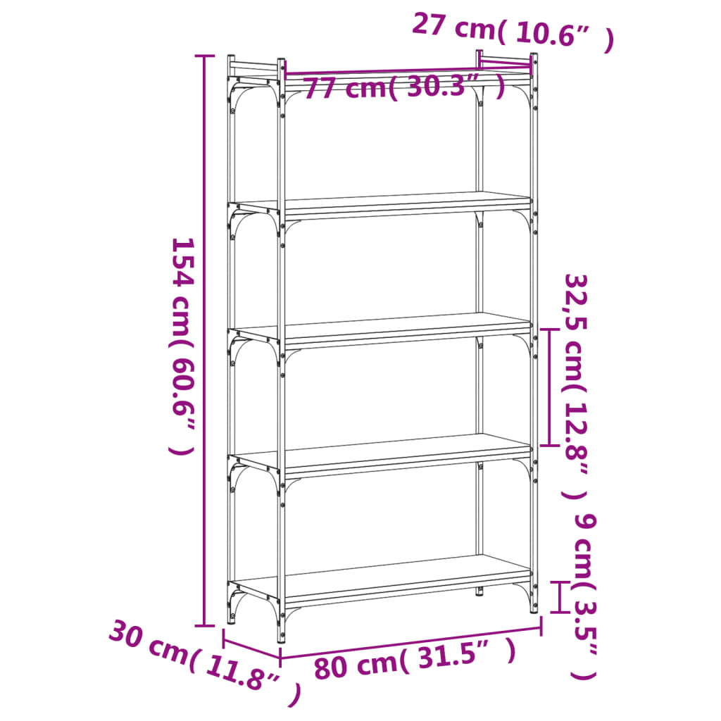 Bibliotecă cu 5 niveluri, negru, 80x30x154 cm, lemn prelucrat - Lando