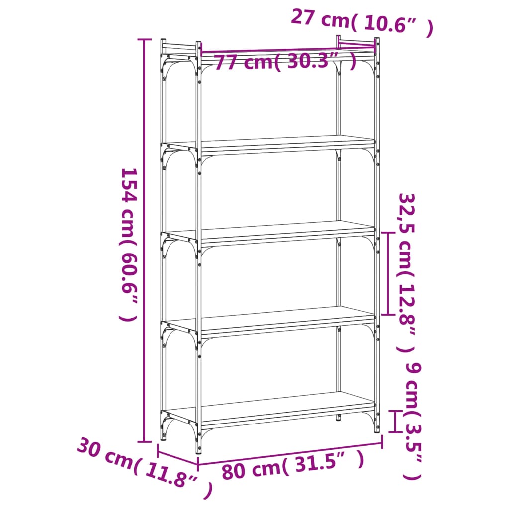 Bibliotecă 5 niveluri, stejar maro 80x30x154 cm, lemn prelucrat - Lando