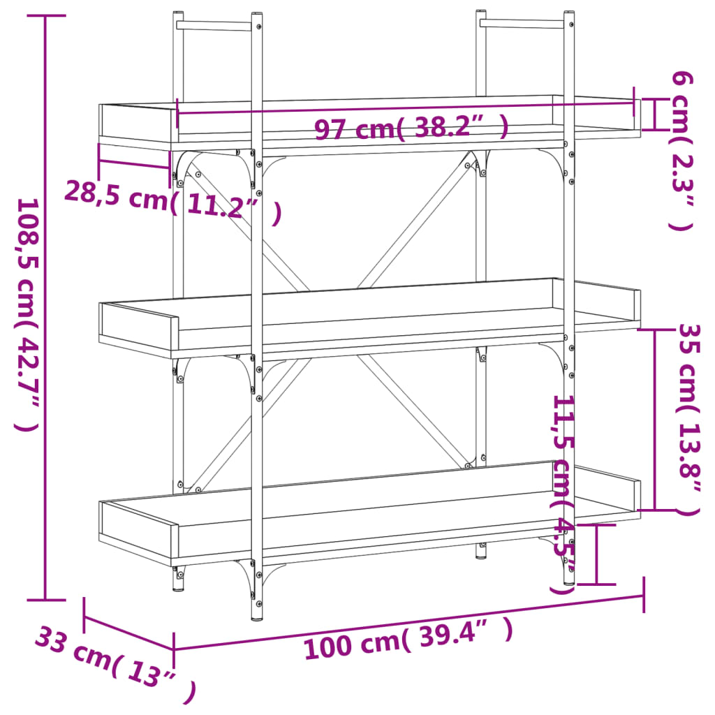 Bibliotecă cu 3 niveluri, negru, 100x33x108,5 cm lemn prelucrat - Lando