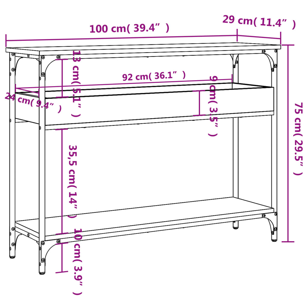 Măsuță consolă cu raft gri sonoma 100x29x75 cm lemn prelucrat - Lando