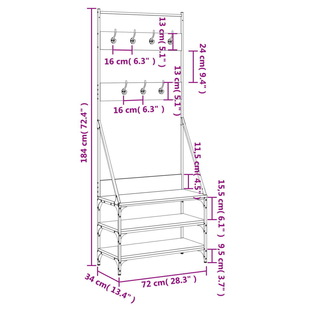 Suport de haine cu raft de pantofi stejar fumuriu, 72x34x184 cm - Lando