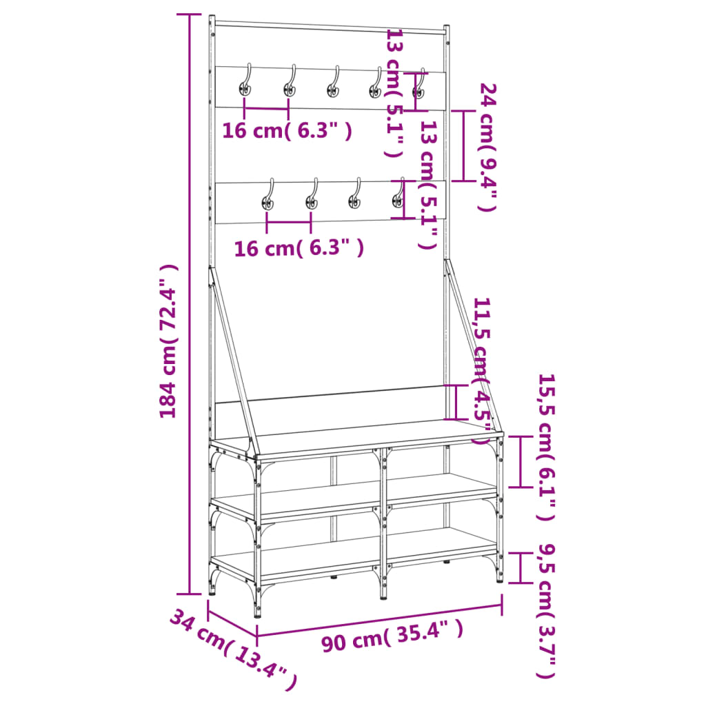 Suport de haine cu raft pantofi, stejar sonoma, 90x34x184 cm - Lando