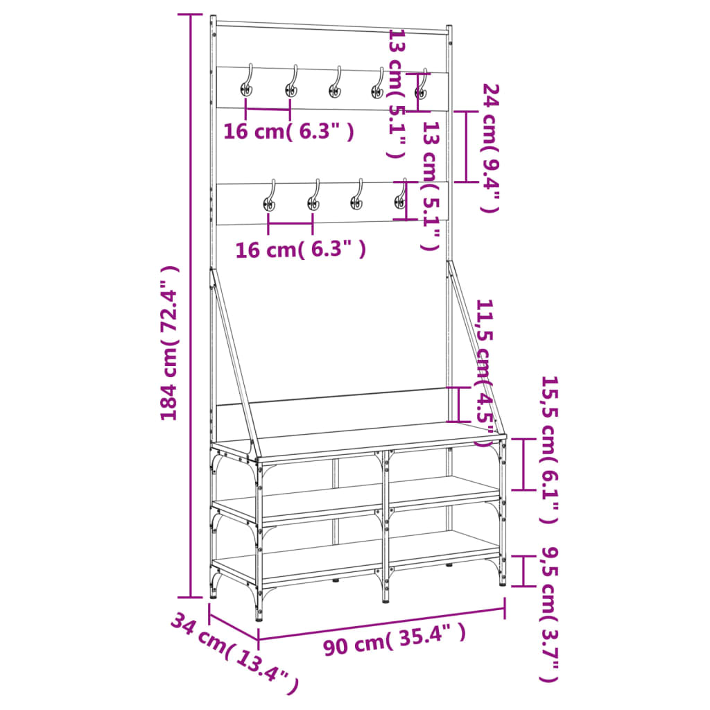 Suport de haine cu raft pantofi, sonoma gri, 90x34x184 cm - Lando