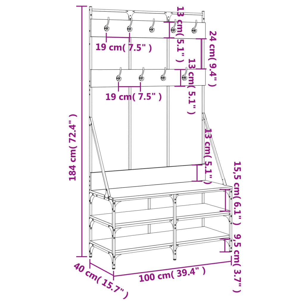 Suport de haine cu raft pantofi, sonoma gri, 100x40x184 cm - Lando