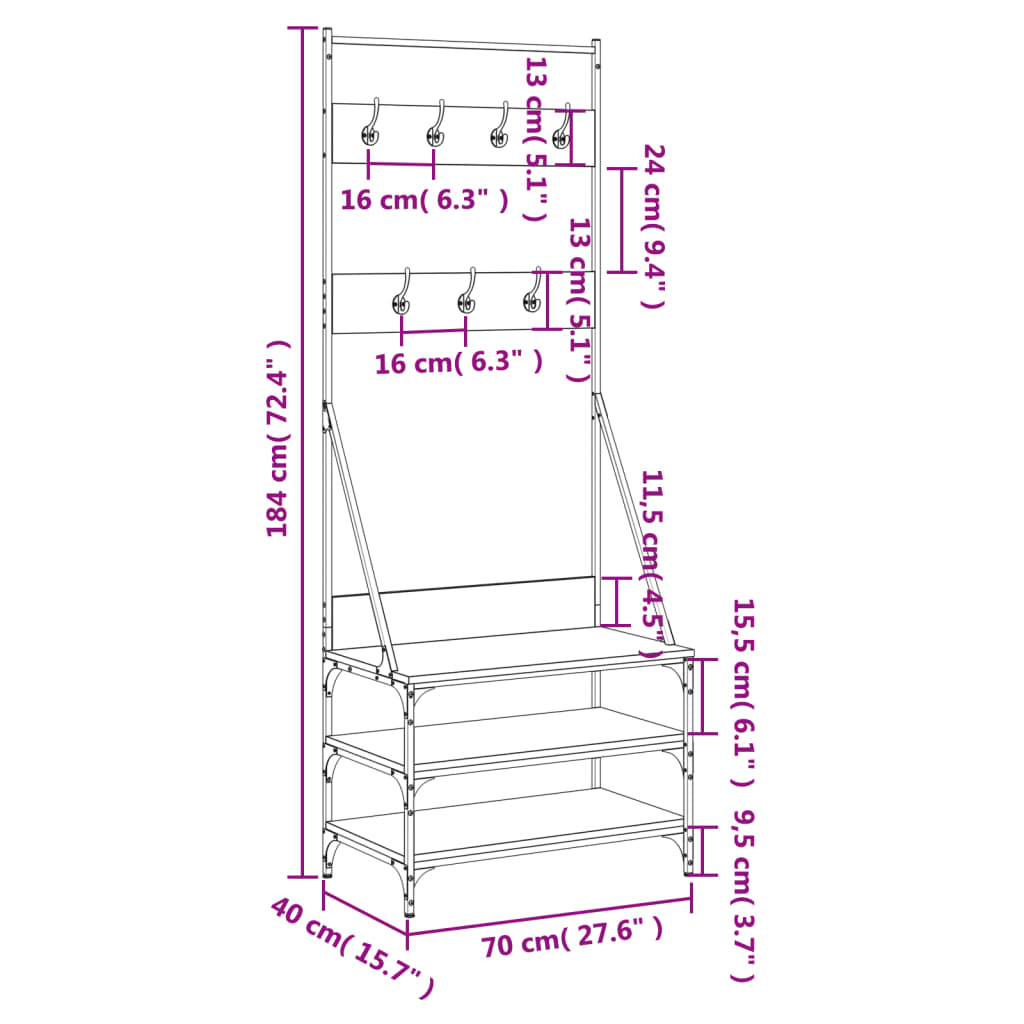 Suport de haine cu raft de pantofi, negru, 70x40x184 cm - Lando