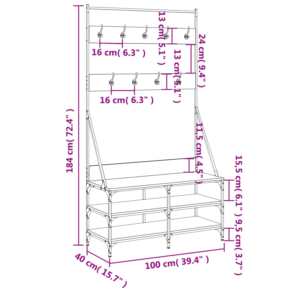 Suport de haine cu raft de pantofi, negru, 100x40x184 cm - Lando