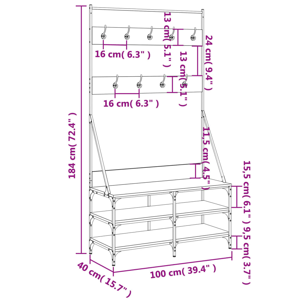 Suport de haine cu raft pantofi, sonoma gri, 100x40x184 cm - Lando