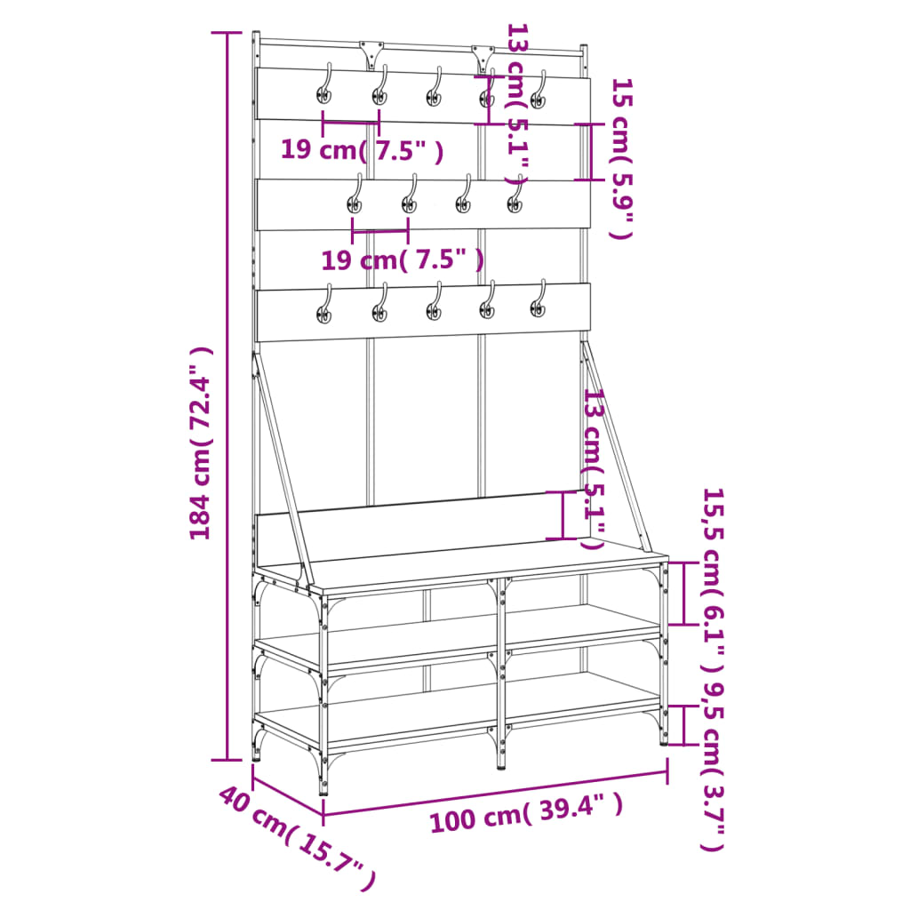 Suport de haine cu raft pantofi, stejar maro, 100x40x184 cm - Lando