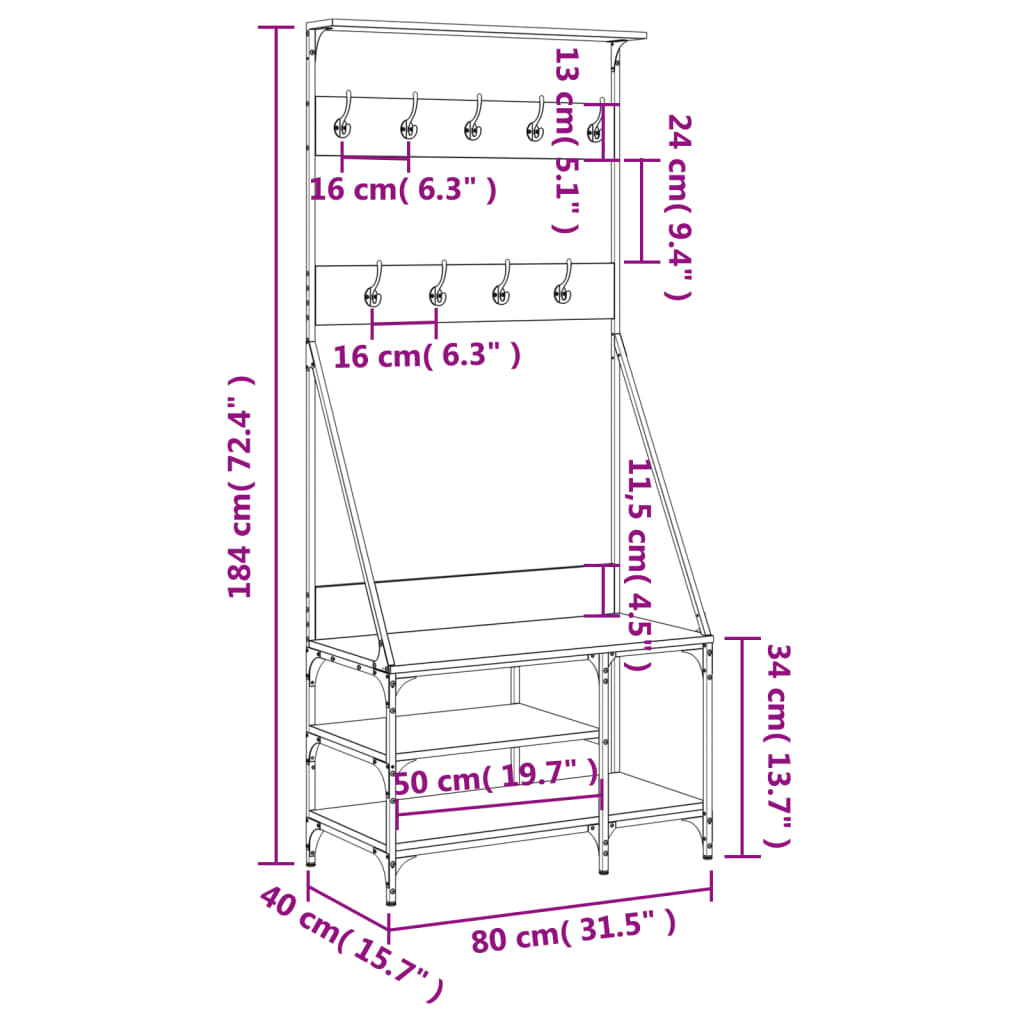 Suport de haine cu raft de pantofi stejar fumuriu, 80x40x184 cm - Lando