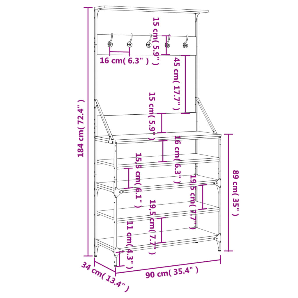 Suport de haine cu raft pantofi, stejar sonoma, 90x34x184 cm - Lando