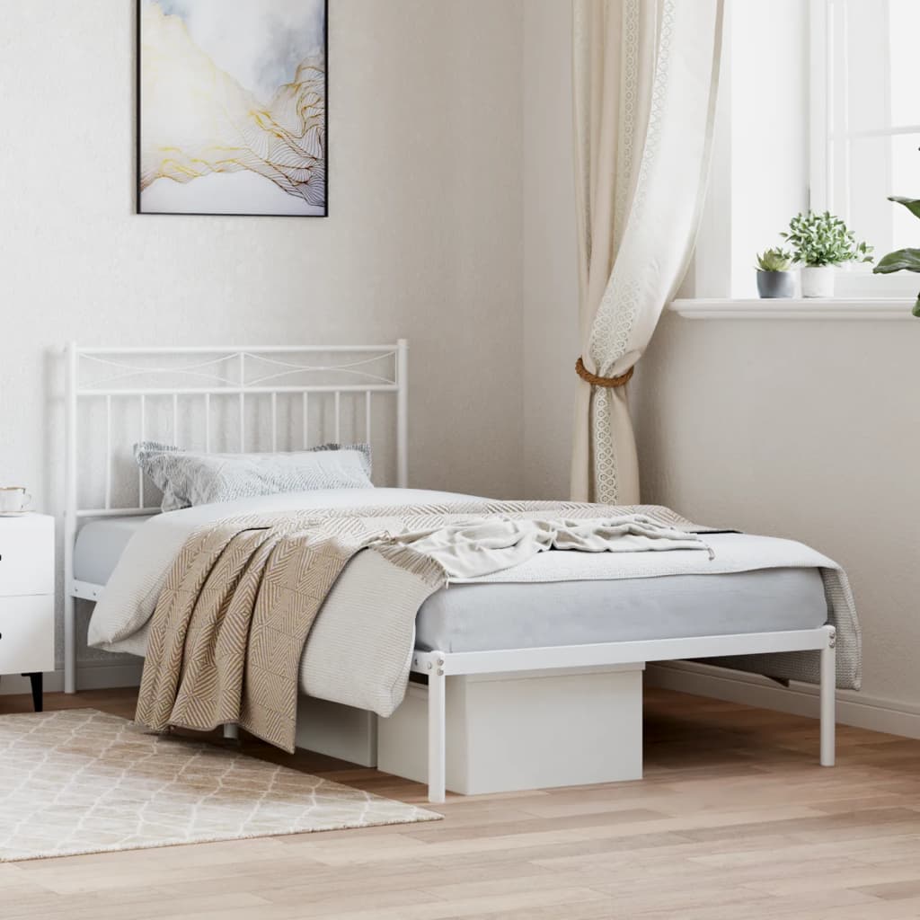 Cadru de pat metalic cu tăblie, alb, 100x190 cm - Lando