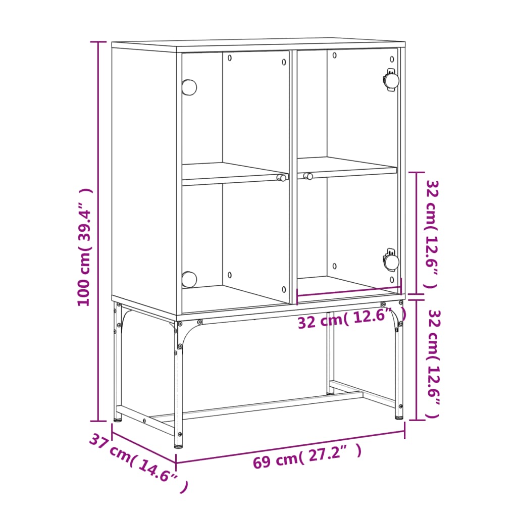 Dulap lateral cu uși din sticlă, gri beton, 69x37x100 cm - Lando